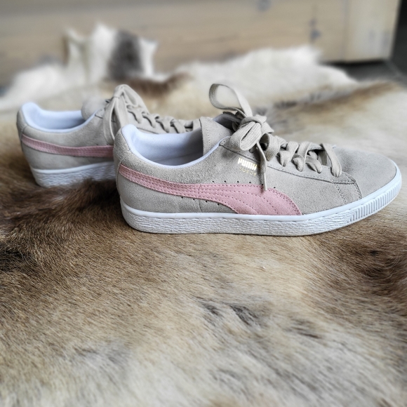 Puma Shoes - Puma Clyde Pink Stripe Tan Suede Sneakers Size 8.5